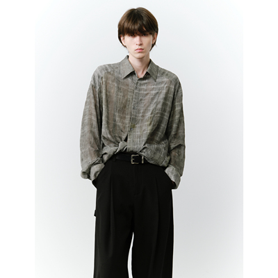 GRAINMUSTARD 烟灰绿雪尼尔植绒炒色薄透衬衫宽松条纹长袖上衣