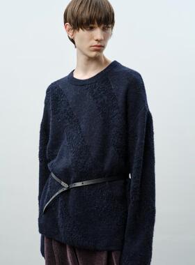 GRAINMUSTARD 羊驼毛混纺色纺毛圈斜纹针织圆领毛衣中性纯色上衣