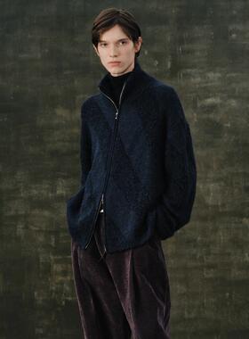 GRAINMUSTARD 羊驼毛混纺色纺毛圈斜纹拉链毛衣开衫高领针织外套