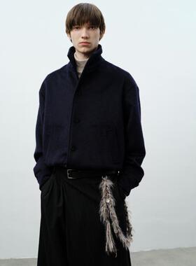 GRAINMUSTARD 长毛立领短款毛呢夹克复古宽松分割外套男秋冬