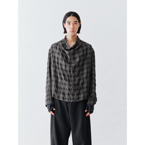 GRAINMUSTARD 「Cowl Neck Shirt」泡泡纱格纹荡领褶皱肌理感衬衫