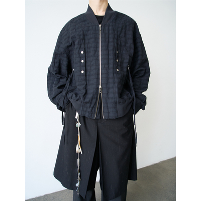 GRAINMUSTARD 金属丝棉混纺短款棒球夹克宽松双开头拉链褶皱外套