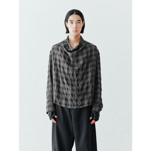 GRAINMUSTARD 「Cowl Neck Shirt」泡泡纱格纹荡领褶皱肌理感衬衫