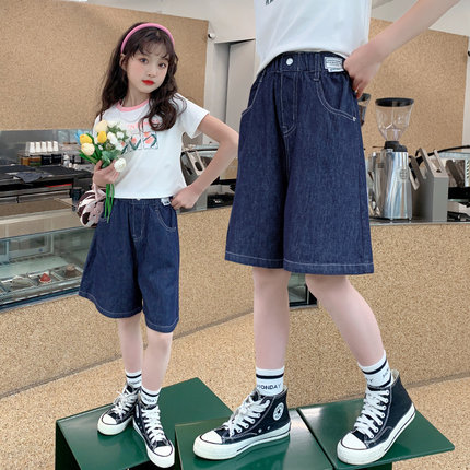 女童牛仔短裤夏季薄款2025新款儿童中大童女孩深蓝中裤五分裤七分