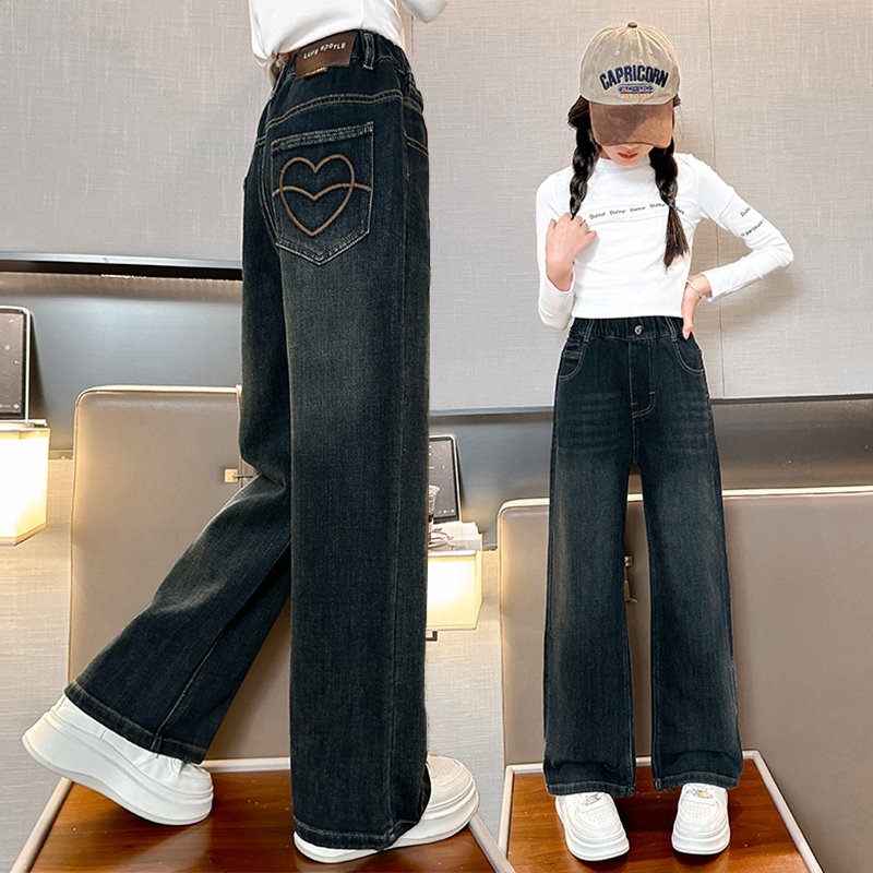 女童春秋直筒牛仔裤2025新款儿童中大童春装女孩阔腿长裤夏季薄款