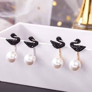 S925银针珍珠黑天鹅大牌耳饰韩版耳钉女气质简约耳环小香风高级感
