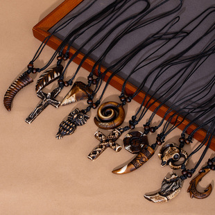 印第安部落风格民族项链复古牛角仿骨吊坠毛衣链做旧十字架项链女