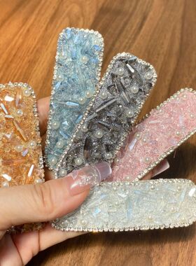 冰透水晶bb夹满钻珍珠方形发夹女时尚复古高级感侧边刘海夹发饰品