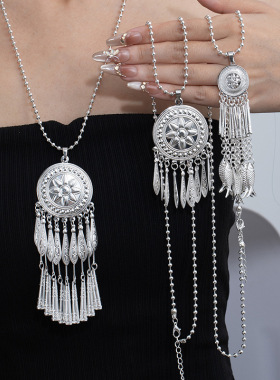 仿苗银太阳花流苏毛衣链女民族风蝴蝶孔雀月亮金属长款细项链项圈