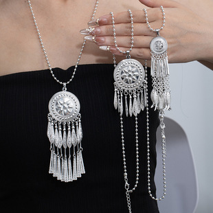 仿苗银太阳花流苏毛衣链女民族风蝴蝶孔雀月亮金属长款细项链项圈
