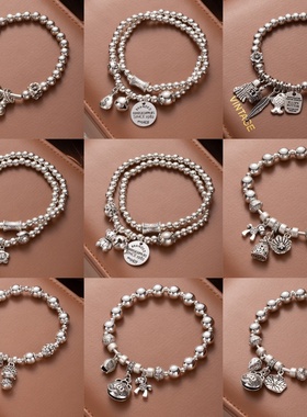 男士超酷帅手串仿银珠两圈手链保色招财猫字母铭牌铃铛手绳手饰品