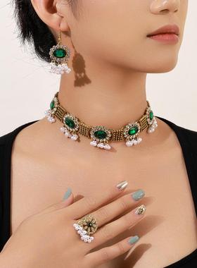 欧美复古祖母绿宝石项链民族风珍珠流苏米珠吊坠颈链套装组合项圈