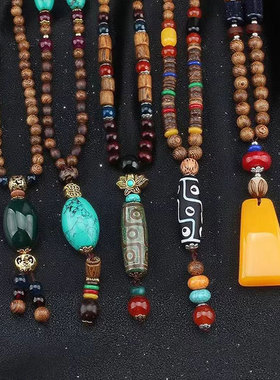 民族风复古长款木质串珠设计感独特毛衣链藏式挂件佛珠吊坠项链女