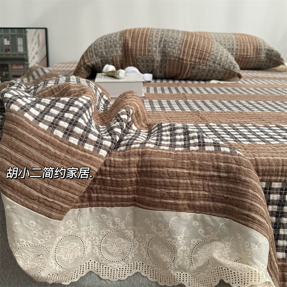 复古格子加厚纱布床单太好睡啦