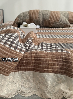 复古格子全棉四层纱布花边床盖三件套纯棉色织加厚纱布床单四季款