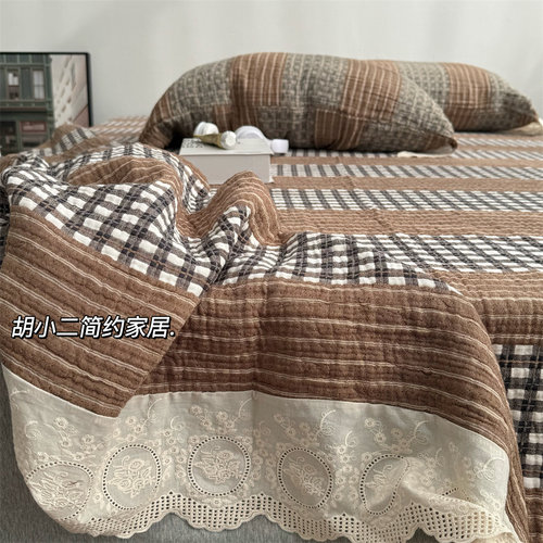 复古格子加厚纱布床单太好睡啦
