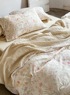 小清新碎花全棉皱皱纱系带四件套纯棉双层纱床单被套双人床上用品