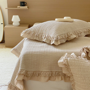 ins风植物染双层花边80S双面全棉砂洗床盖三件套绗缝夹棉床单 韩式