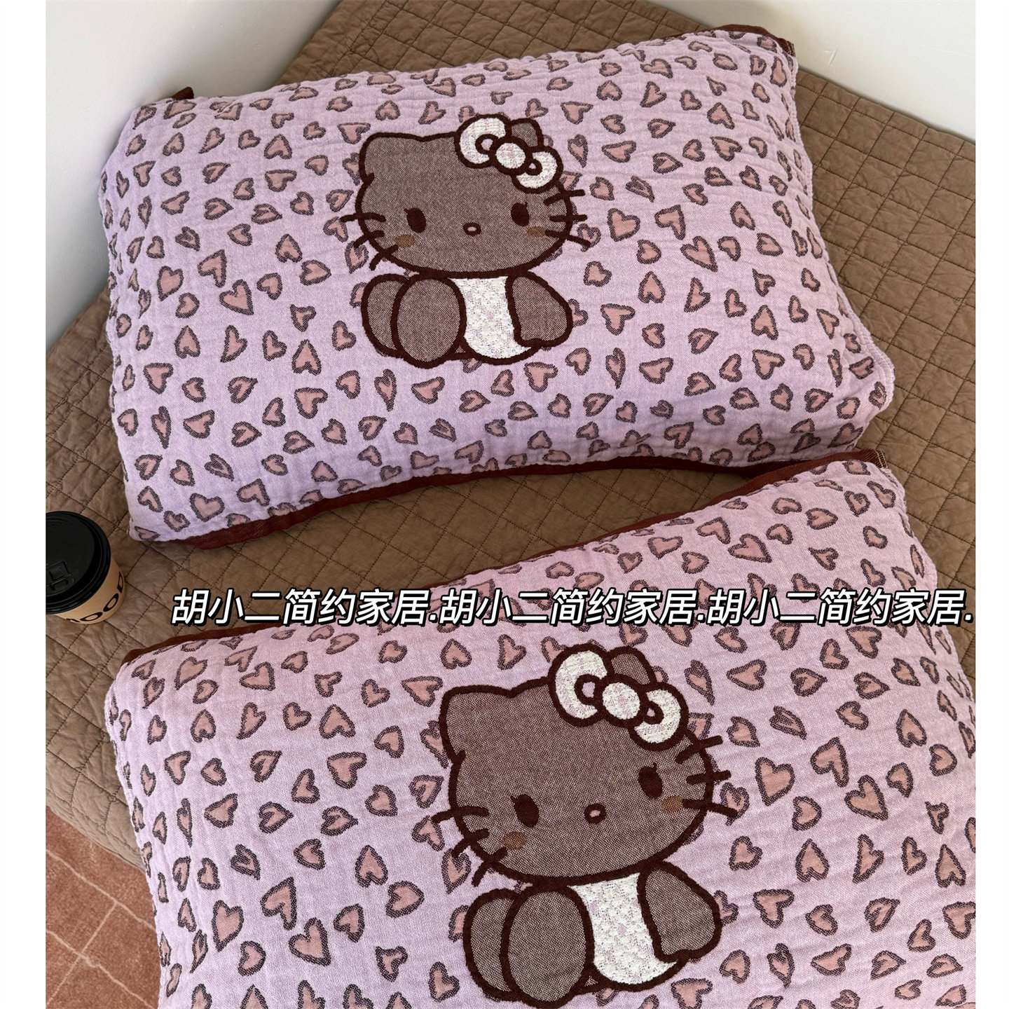 卡通可爱甜心Kitty猫全棉四层纱布枕巾一对 纯棉枕头巾吸汗防头油