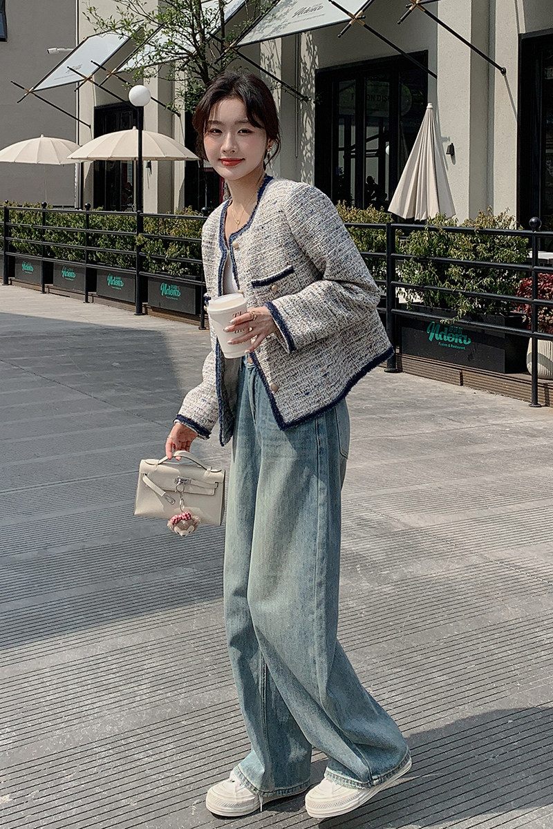 撞色编织圆领小香风外套女秋法式优雅气质高级感小个子粗花呢上衣,女装短外套,素依格格