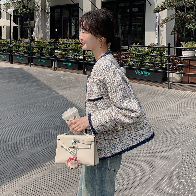 撞色编织圆领小香风外套女秋法式优雅气质高级感小个子粗花呢上衣,女装短外套,素依格格