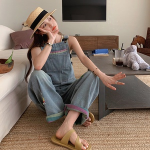 学院风减龄牛仔背带裤女2025春秋新款韩版宽松休闲显瘦直筒连衣裤图片