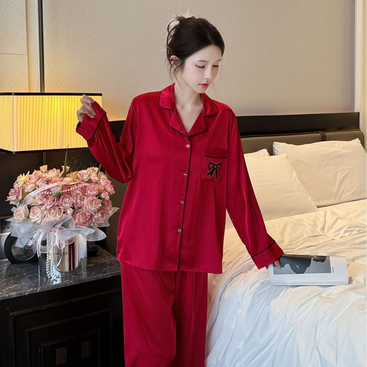 睡衣女春夏季新款亮闪闪钻薄款冰雪丝长袖长裤两件套高级感套装