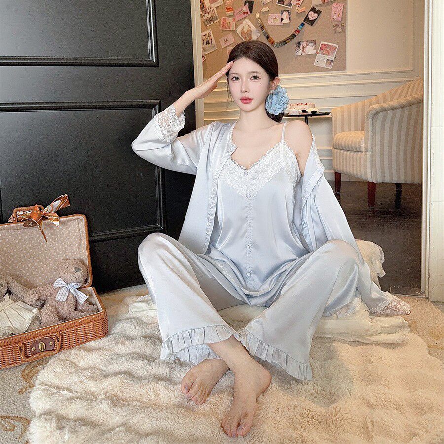 睡衣女春夏带胸垫甜美蕾丝边冰雪丝长袖吊带长裤组合秋季家居服