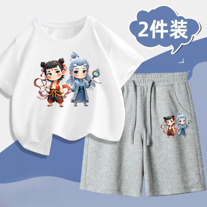 新款哪吒周边魔童闹海短袖卡通夏季动漫t恤套装亲子款短裤两件装