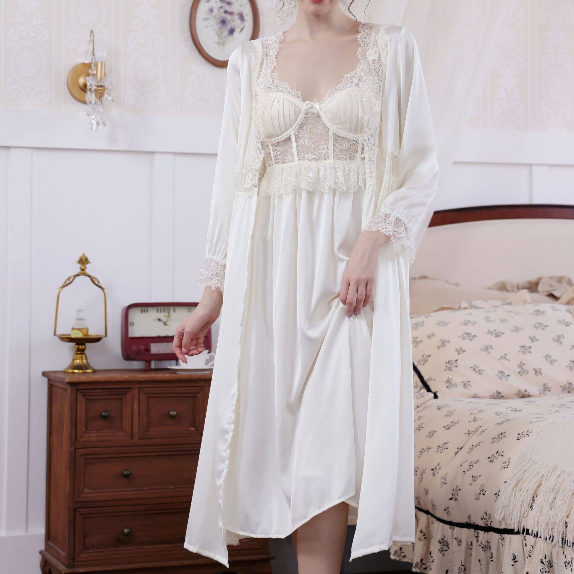 法式性感纯欲吊带睡衣两件套蕾丝鱼骨中长款女带胸垫春夏睡裙睡袍