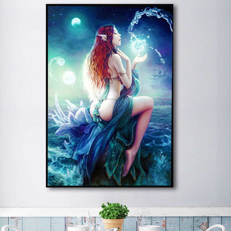 2023新款手工点钻石画卧室走廊人鱼公主卡通动漫满钻粘钻贴十字绣