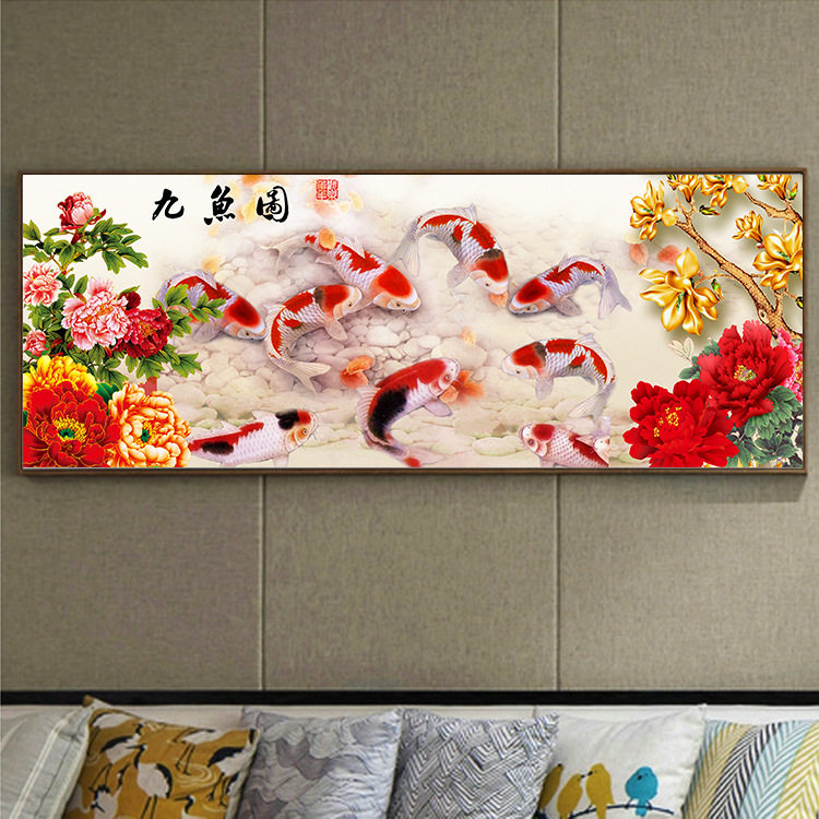 2023新款手工点钻石画中国风客厅牡丹九鱼图满钻粘钻贴线绣十字绣,居家布艺,十字绣套件,淘宝优惠券,粉丝福利购,淘宝优惠卷