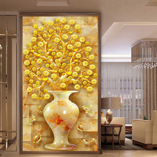 花瓶发财树玄关竖版钻石画中国风