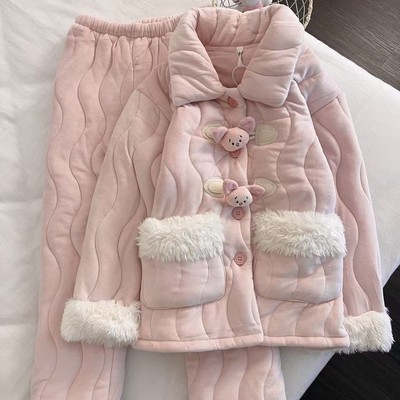 可爱小猪皮杰夹棉睡衣女2025年新款秋冬季加厚加绒保暖家居服套装