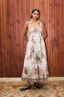 澳洲小众亚麻印花奶油复古繁花吊带连衣裙2025新款度假休闲百搭女