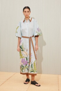 澳洲小众亚麻阿尔菲印花系带收腰连衣裙2026新款 度假休闲连衣裙女