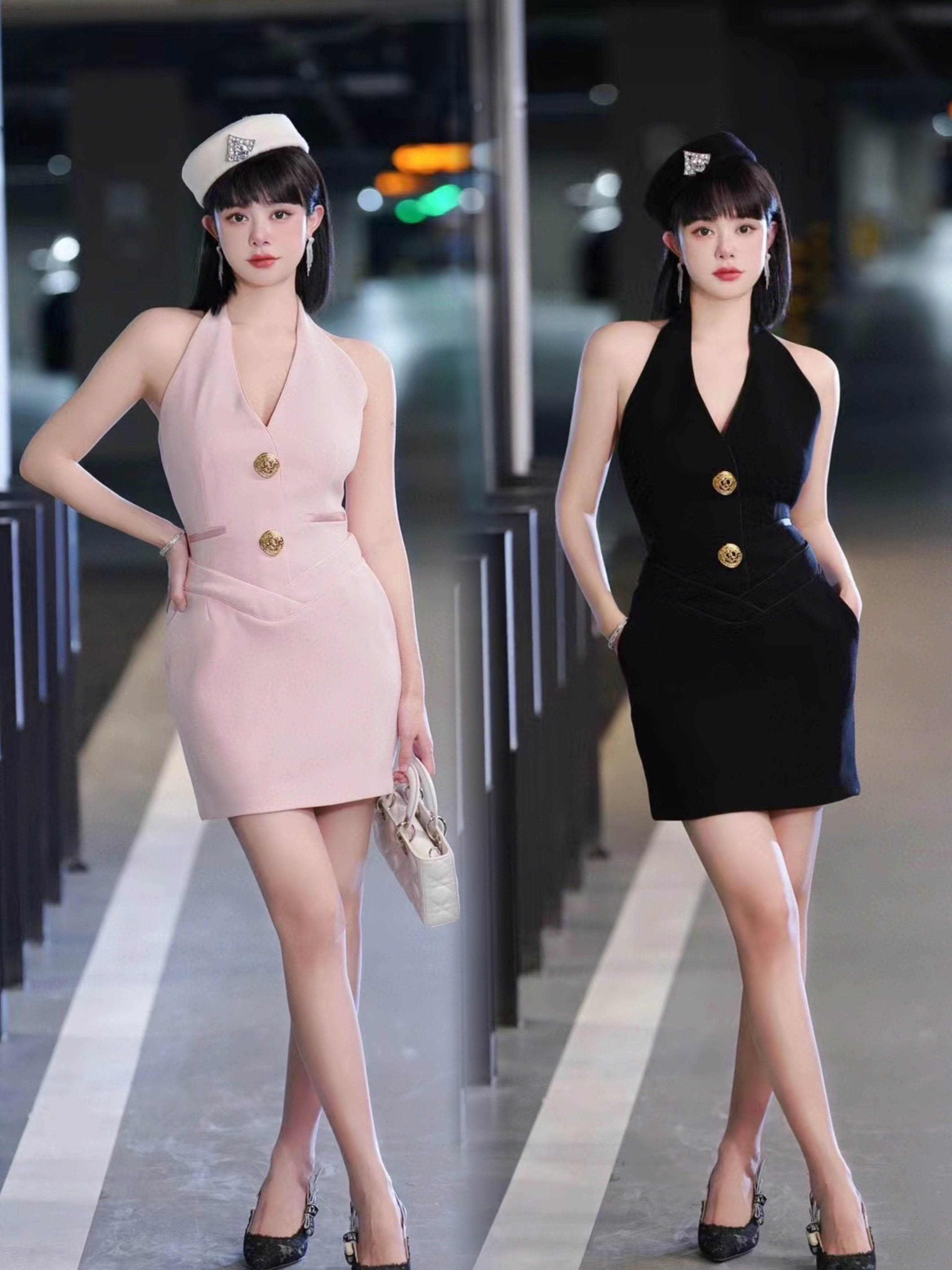 挂脖性感露背西装礼服裙