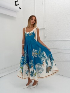 澳洲小众亚麻蓝色印花无袖吊带连衣裙2026新款度假休闲百搭长裙女