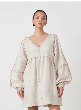 澳洲小众Jos*in新款亚麻V领长袖短款宽松度假气质连衣裙