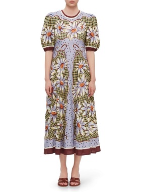 澳洲小众亚麻紫色波点印花短袖连衣裙2025新款度假休闲百搭长裙