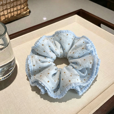 韩系甜美蓝色波点双层慵懒头花扎头发头绳低马尾丸子头大肠发圈女