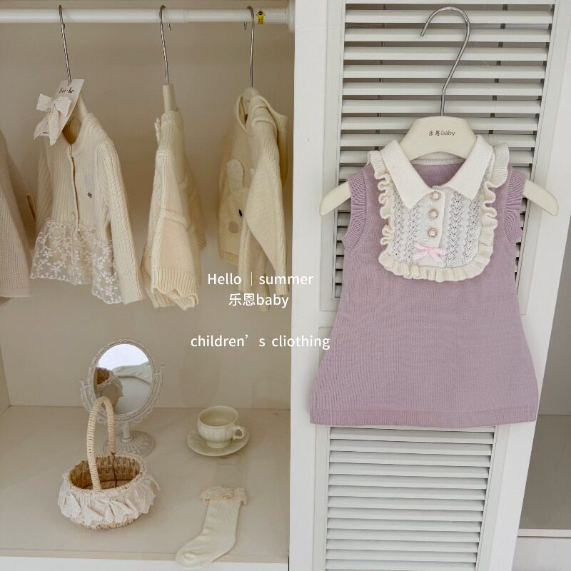 【乐恩baby】特调粉紫！女宝宝秋韩系连衣裙法式背心裙针织木耳边