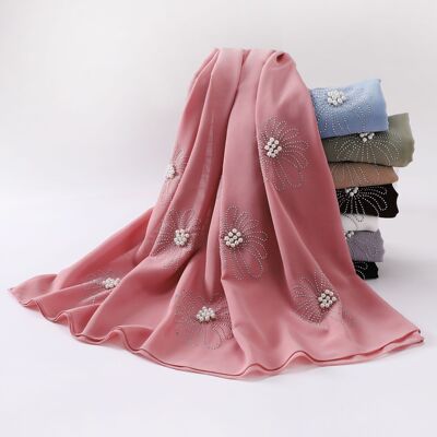 珍珠雪纺花朵烫钻钉珠围巾chiffon shawl long scarf 沙滩巾披肩