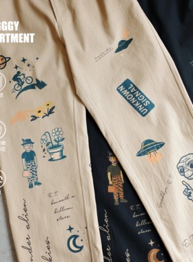 BAGGGGY致敬经典 ET外星人手绘印花人字纹洗水CHINO长裤140-250斤