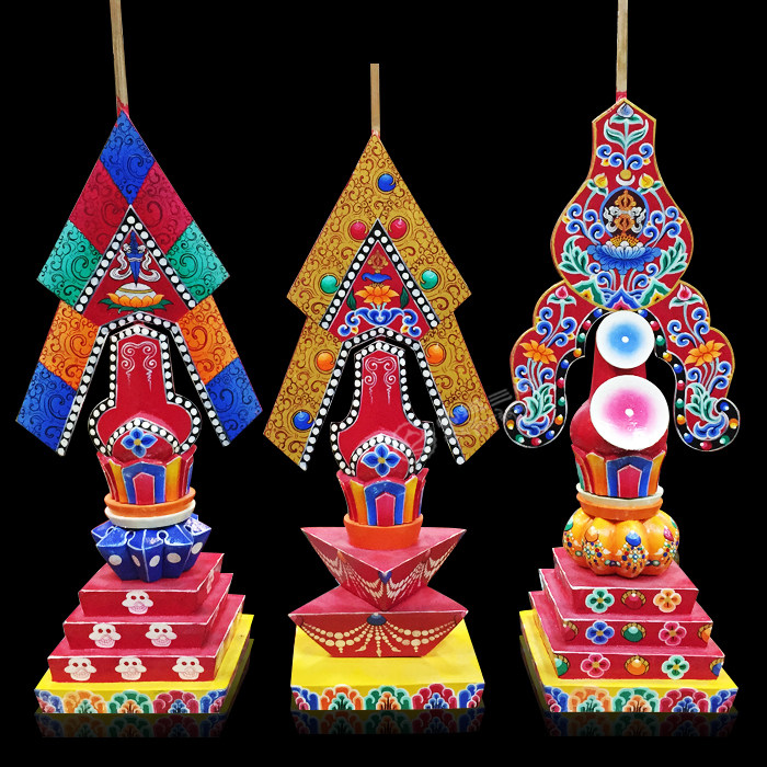 密宗尼泊尔手工彩绘木制三根本朵玛佛堂供品摆件上师本尊空行