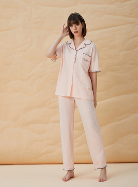 佳洁儿21780夏季女士纯色短袖长裤纯棉提花居家套装