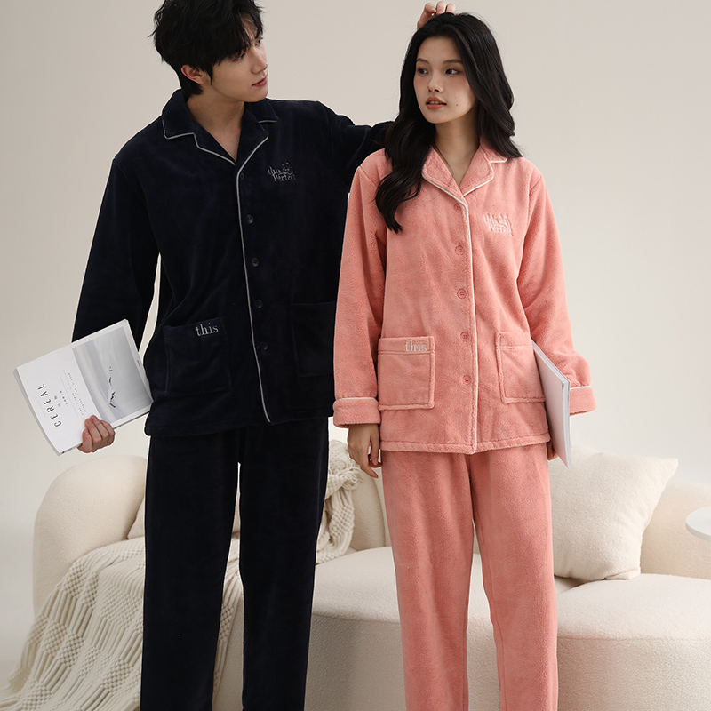 雅巧男33427女33428秋冬季情侶款純色糯米法蘭絨家居服套裝
