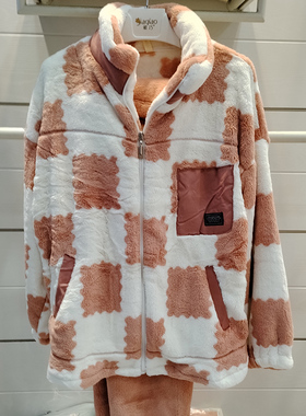 佳洁儿112101秋冬季女士立领印花双面法兰绒拉链套装