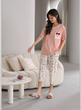 雅巧22548夏季女士短袖七分裤卡通棉+莫代尔家居服套装