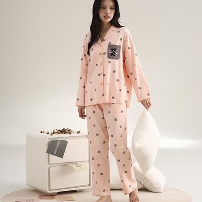 雅巧54394秋季女士长袖翻领开衫圆点丝光纯棉家居服套装